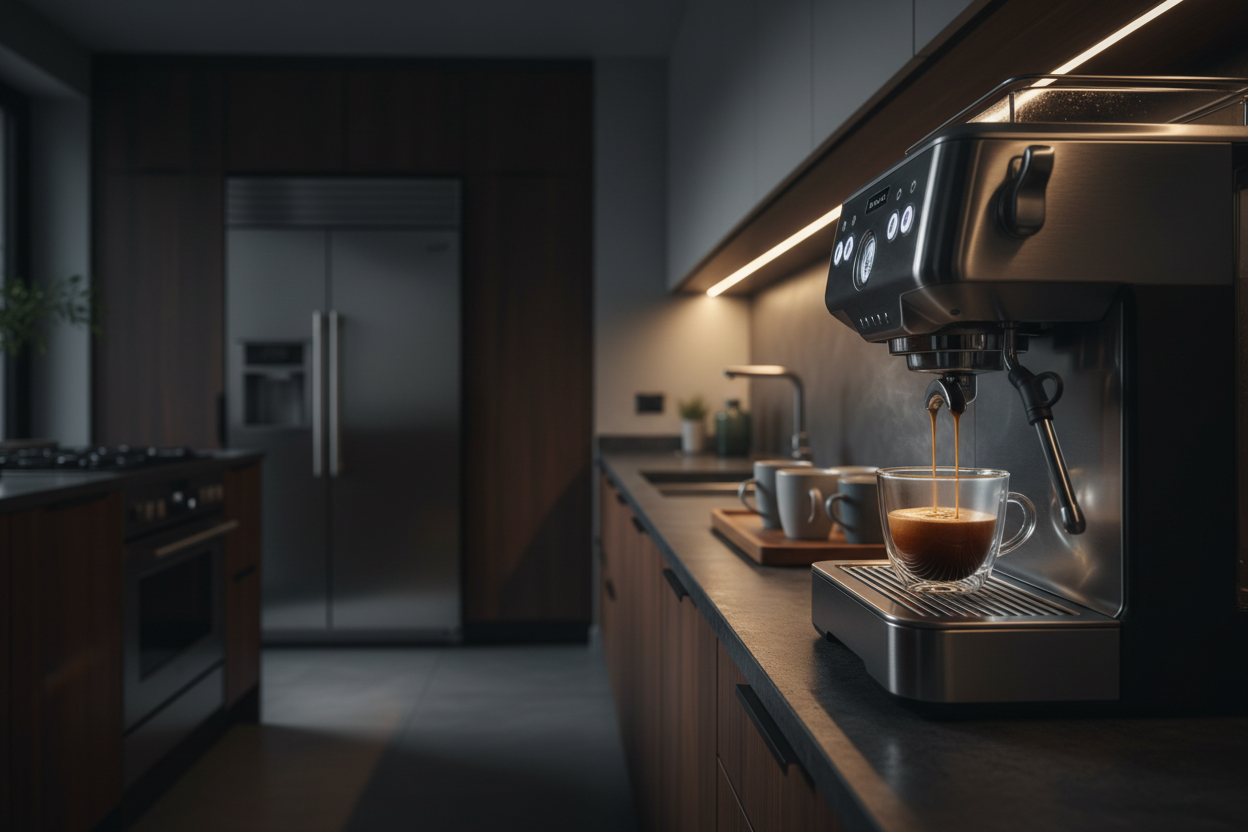 create an image of a coffee being made by a coffee machine at home in the kitchen with a bit of dark lighting, nice modern kitchen 